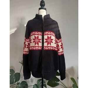St. John's Bay 100% Cotton Snowflake Ski Zip Up Sweater Men's L Black Red Cozy